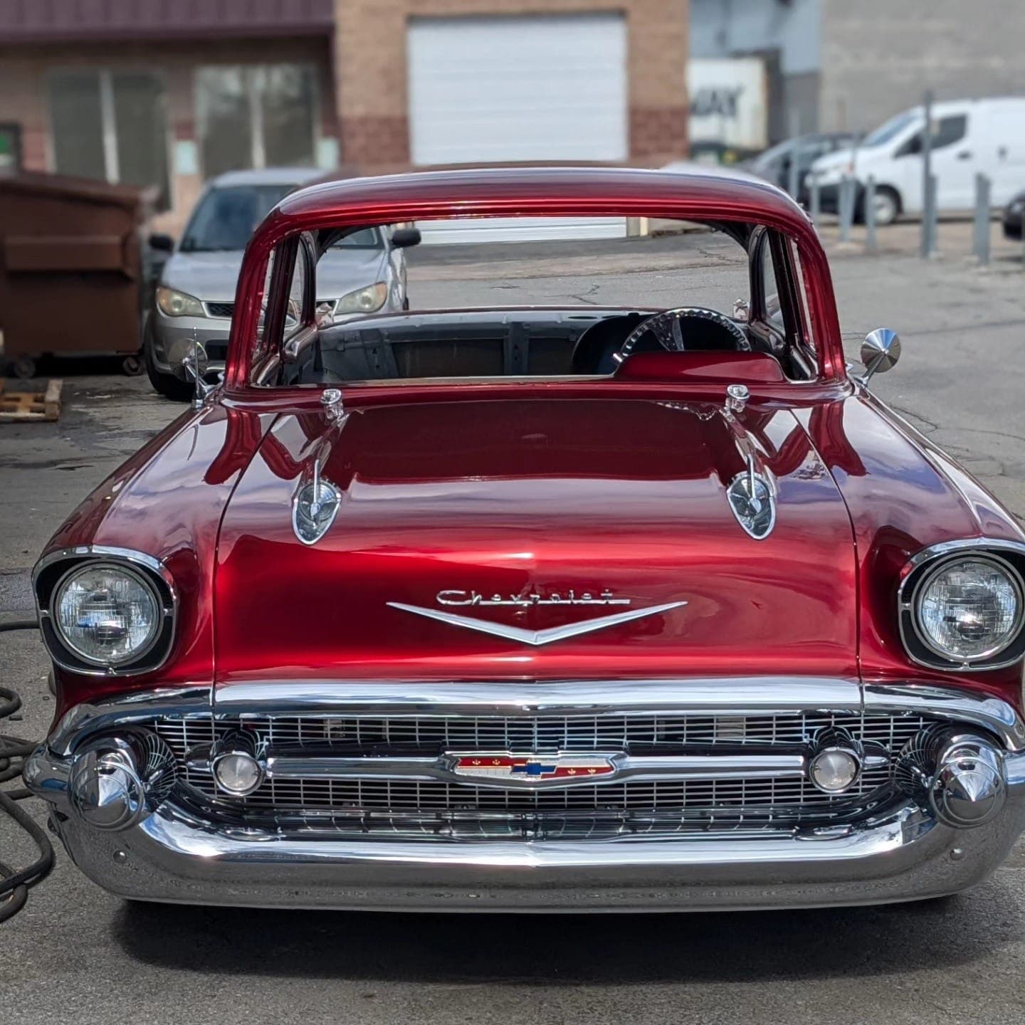 Red 1957 Chevy Bel Air in for a custom exhaust at Turbo Lab in Orem, UT