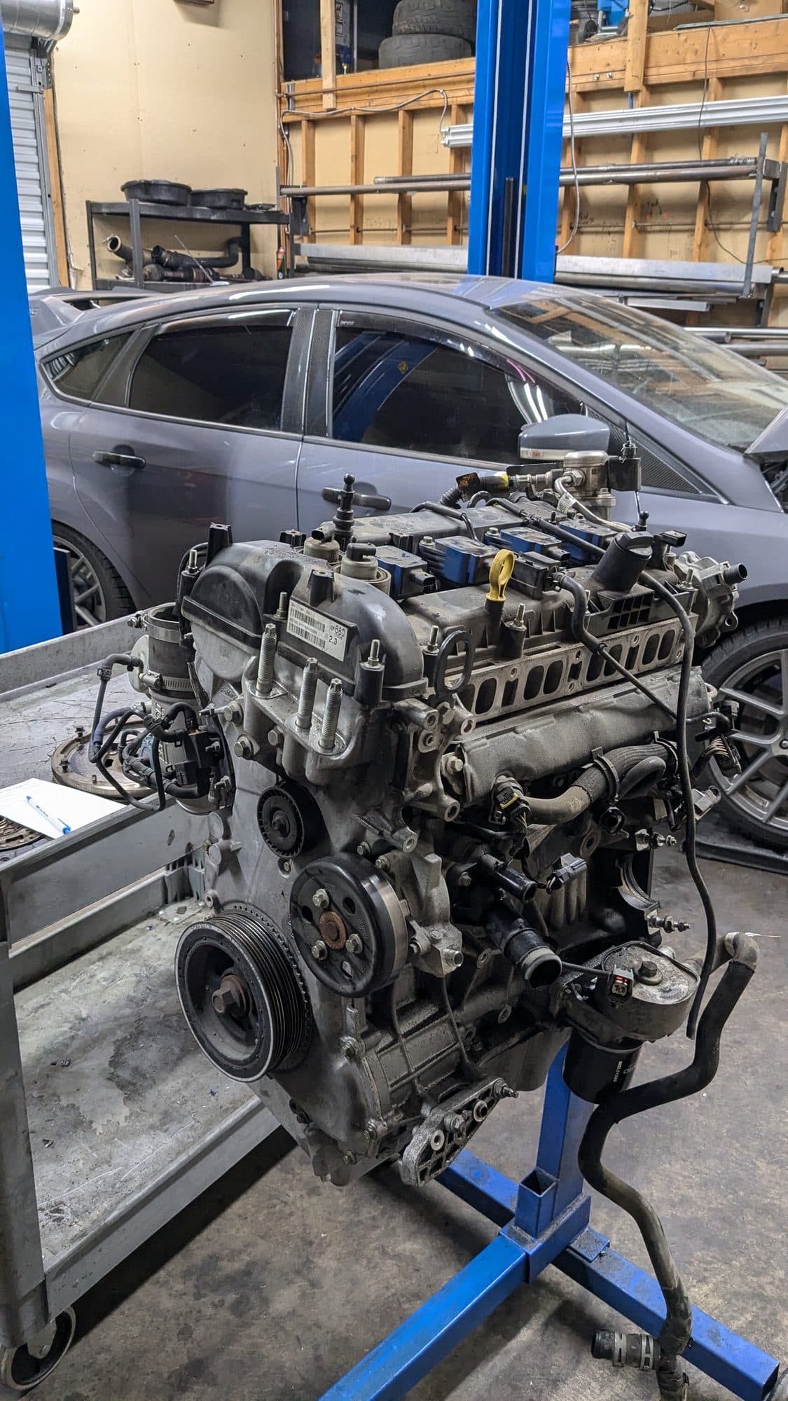 Ford Focus RS engine out of the car and on a stand at Turbo Lab in Orem, UT