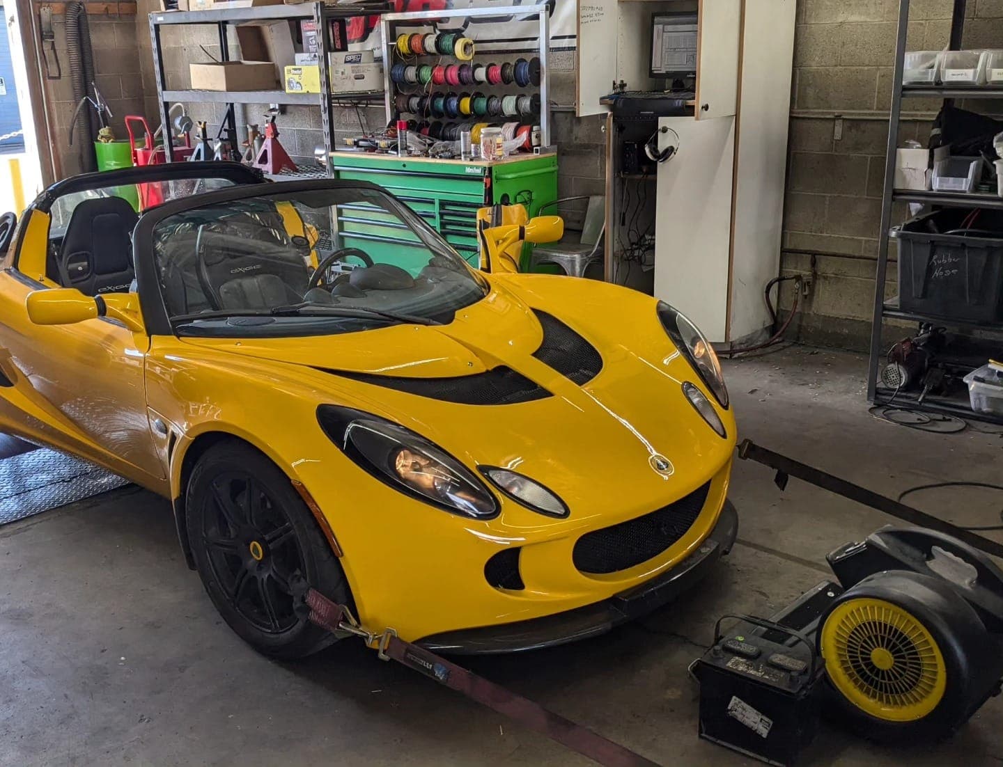 Yellow Lotus Exige in the shop for a tune on an ECUMaster EMU Black standalone ECU in Orem, UT