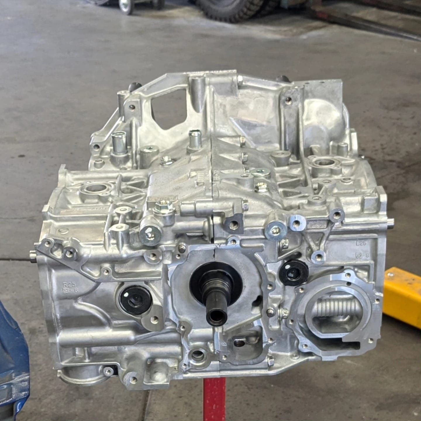 New Subaru RA short block on a stand before installation at Turbo Lab in Orem, UT