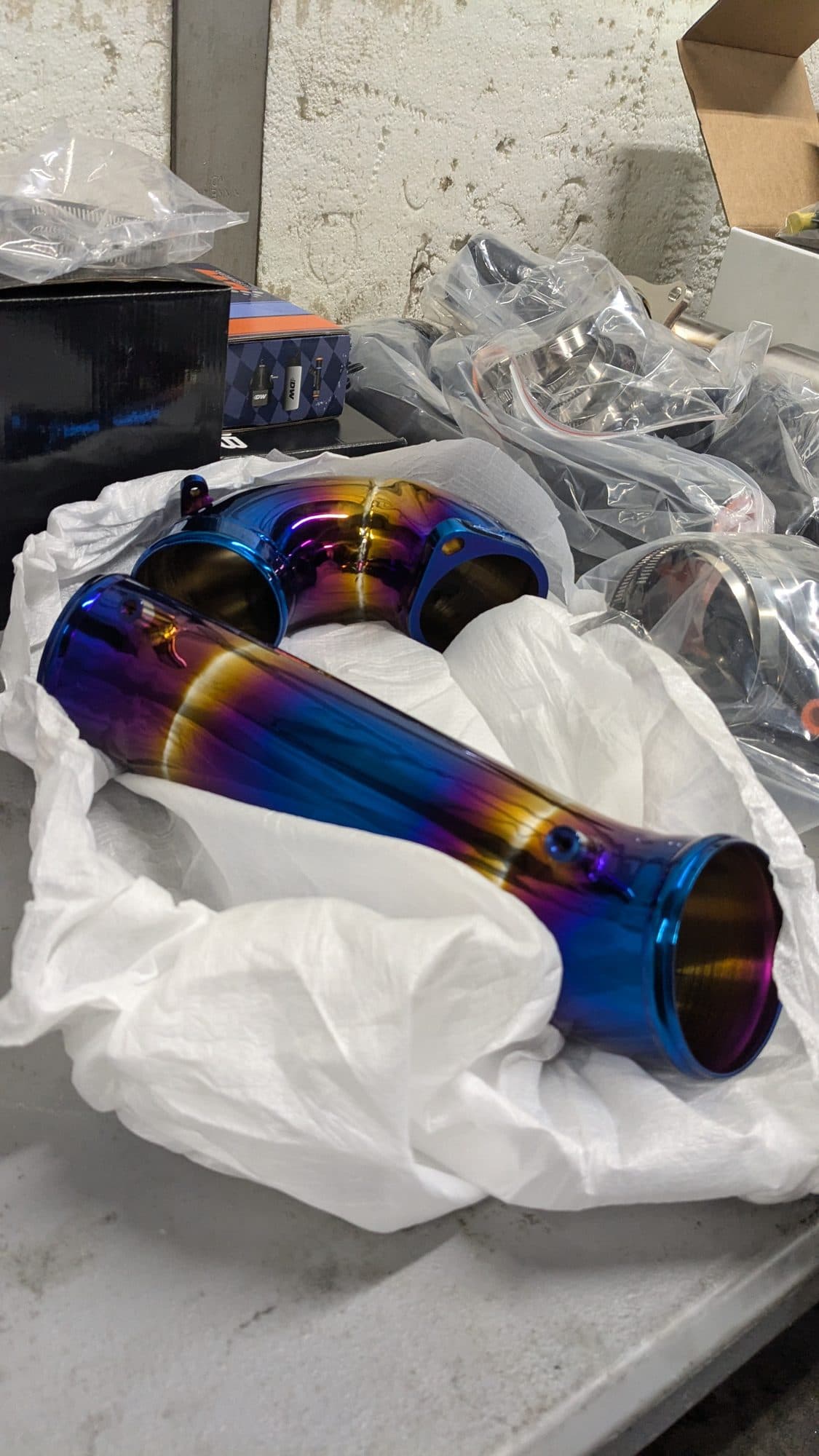 Heat-colored titanium exhaust piping at Turbo Lab in Orem, UT