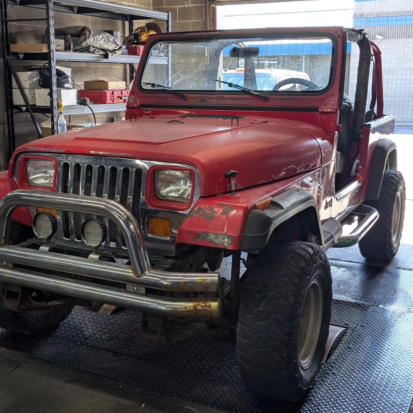 Red 1994 Jeep Wrangler with a 5.3L LS swap on the dyno at Turbo Lab in Orem, UT